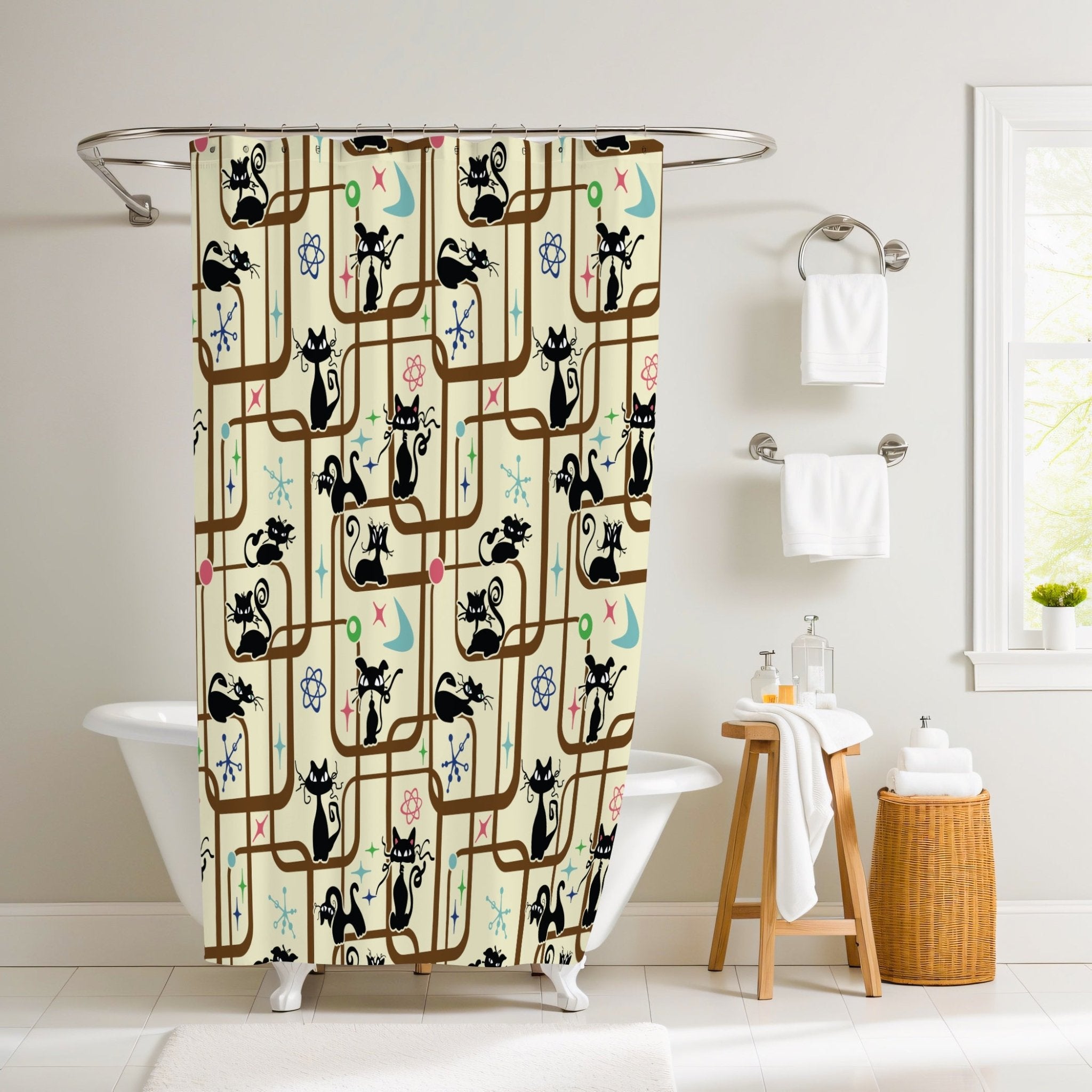 Kate McEnroe New York Mid Century Modern Kitschy Atomic Cat Geometric Bathroom Shower CurtainShower Curtains14127596472708642007