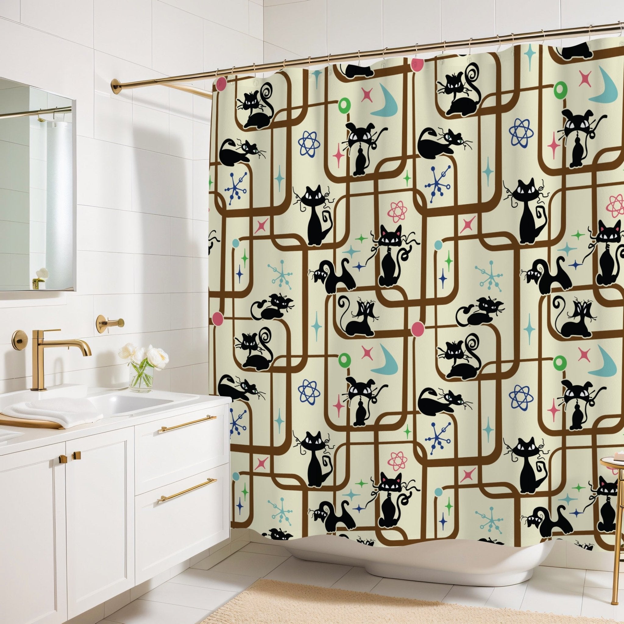 Kate McEnroe New York Mid Century Modern Kitschy Atomic Cat Geometric Bathroom Shower CurtainShower Curtains14127596472708642007