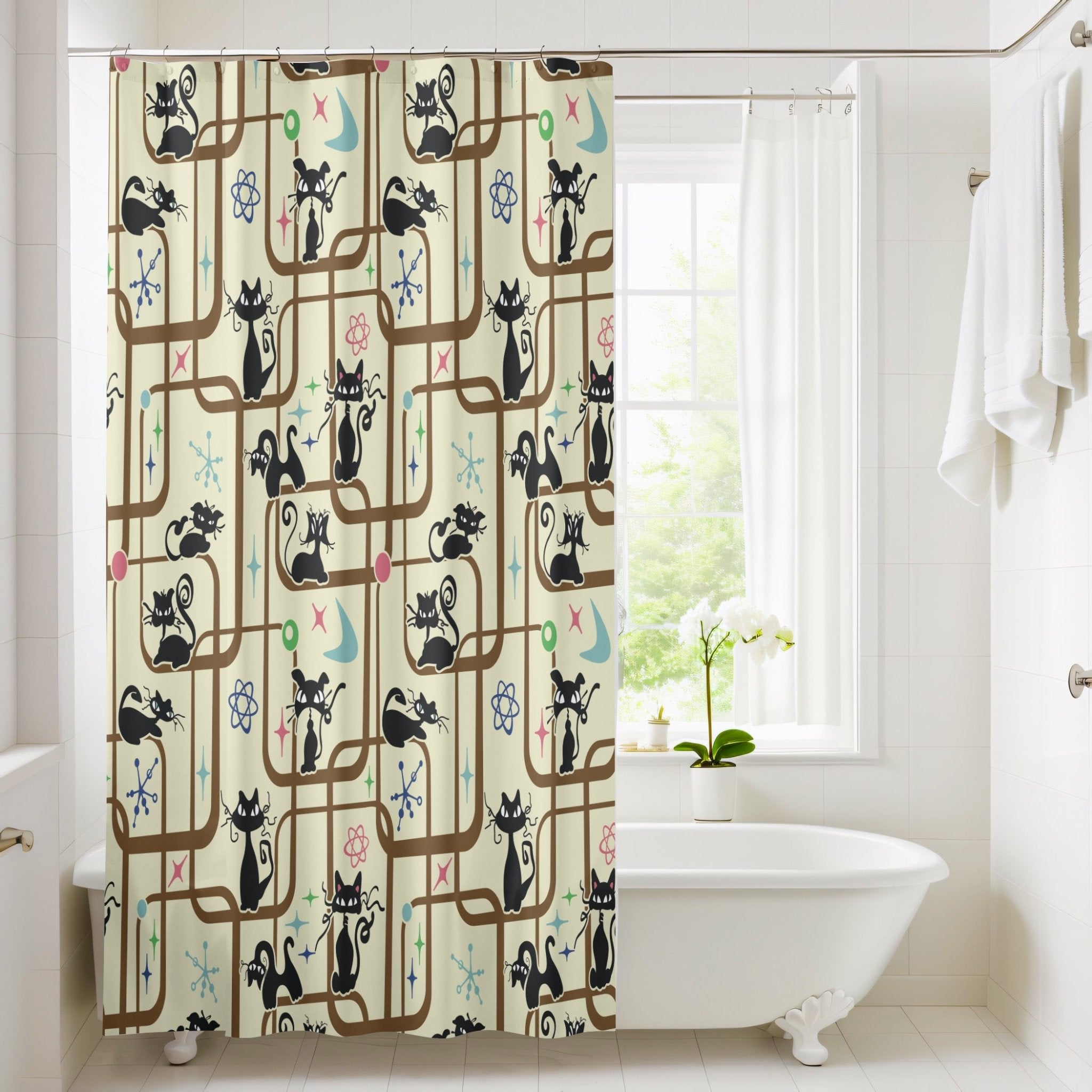Kate McEnroe New York Mid Century Modern Kitschy Atomic Cat Geometric Bathroom Shower CurtainShower Curtains14127596472708642007