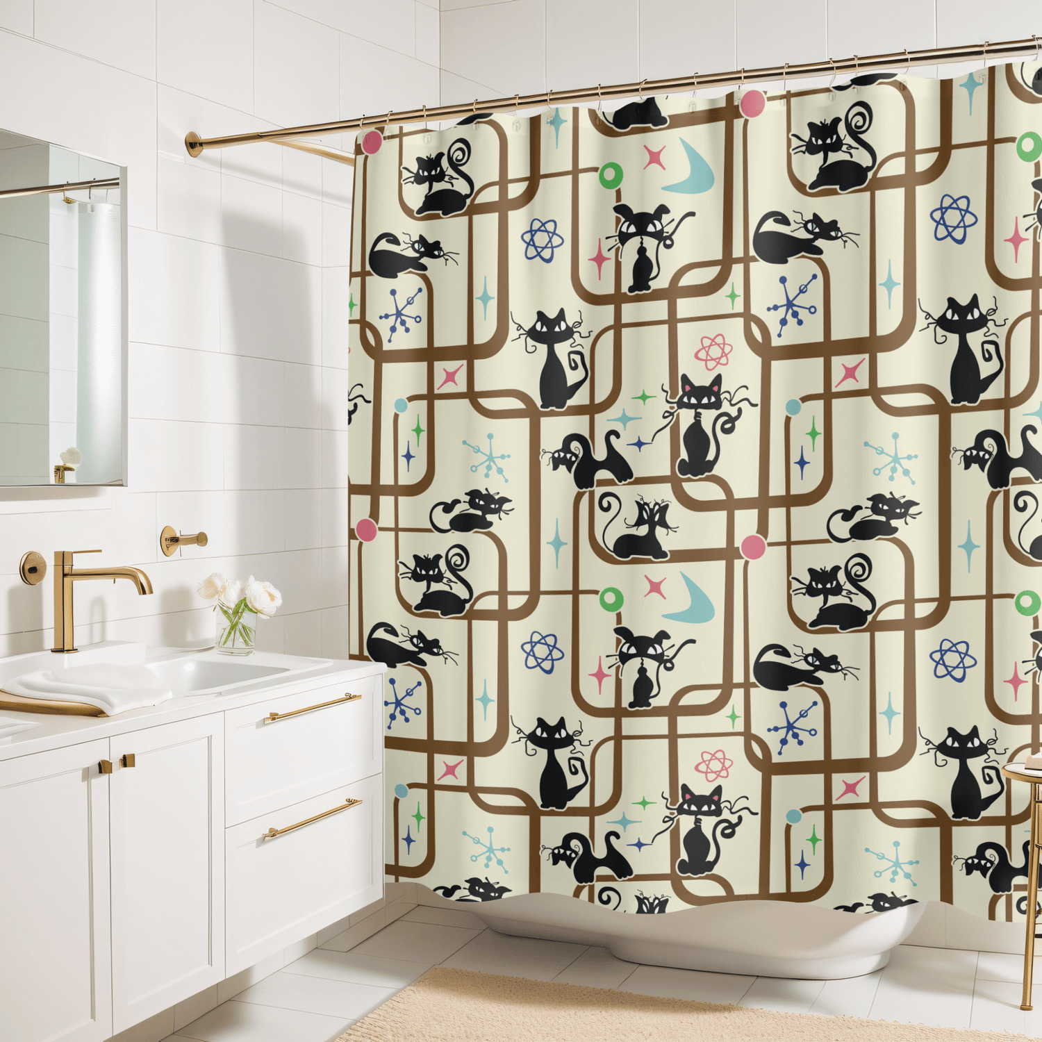 Kate McEnroe New York Mid Century Modern Kitschy Atomic Cat Geometric Bathroom Shower CurtainShower Curtains14127596472708642007