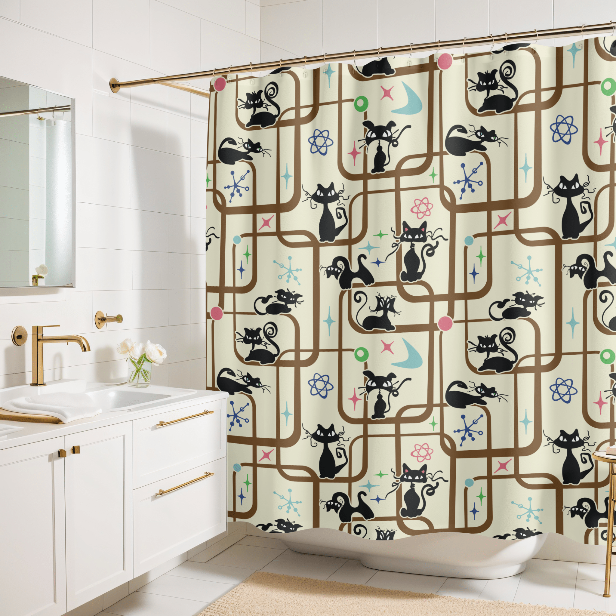 Kate McEnroe New York Mid Century Modern Kitschy Atomic Cat Geometric Bathroom Shower CurtainShower Curtains14127596472708642007