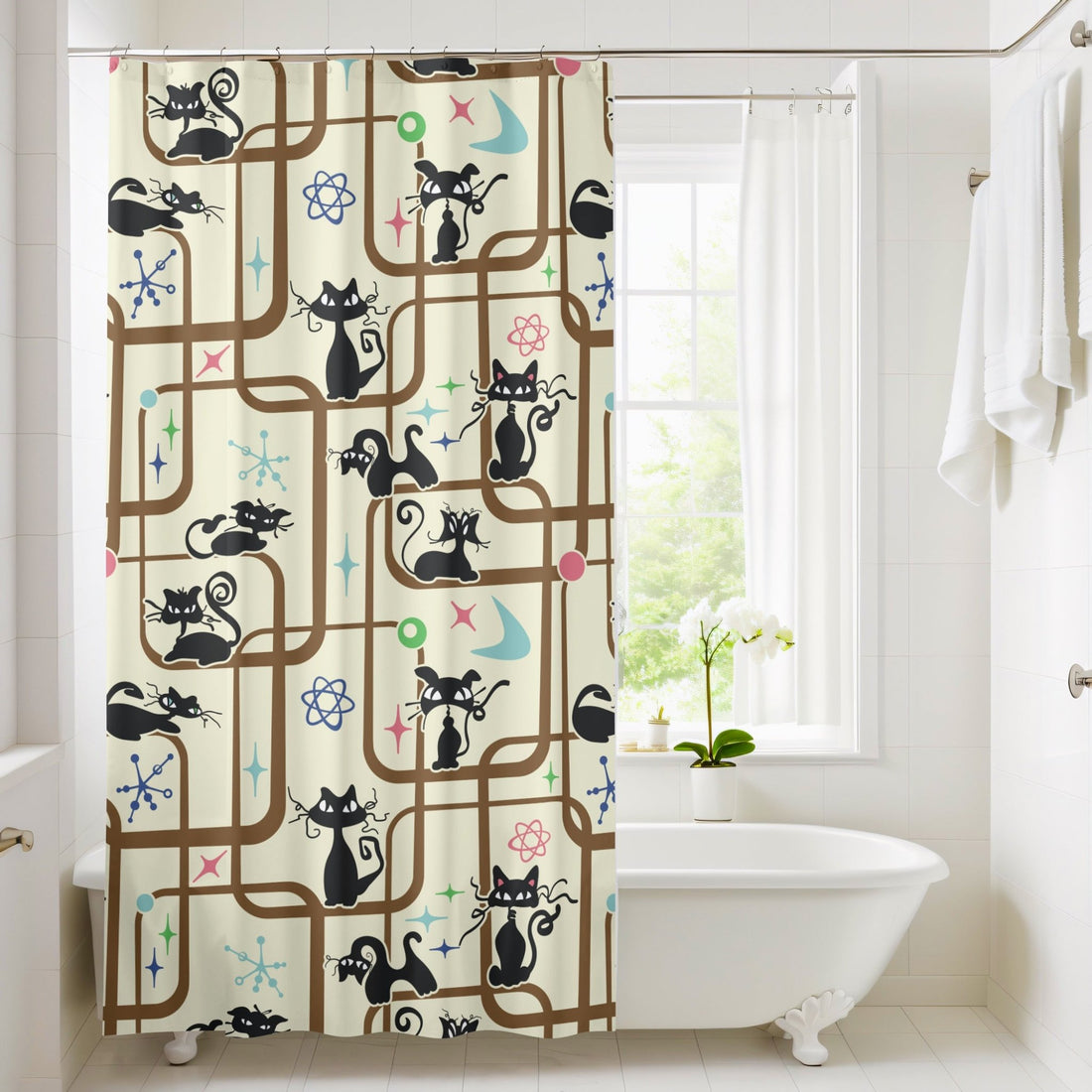 Kate McEnroe New York Mid Century Modern Kitschy Atomic Cat Geometric Bathroom Shower CurtainShower Curtains14127596472708642007