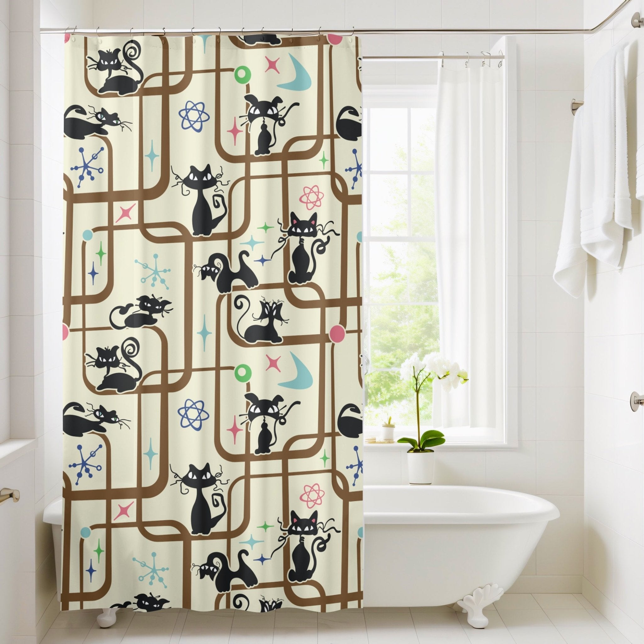 Kate McEnroe New York Mid Century Modern Kitschy Atomic Cat Geometric Bathroom Shower CurtainShower Curtains14127596472708642007