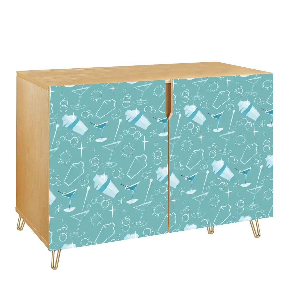 Kate McEnroe New York Mid Century Modern Kitschy Cocktail &amp; Bubbles Designed Sideboard, Retro Aqua Blue Storage CabinetStorage Cabinets5ML8WkA1Wv