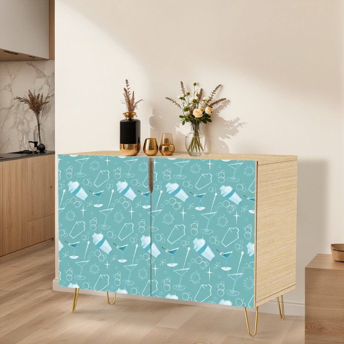 Kate McEnroe New York Mid Century Modern Kitschy Cocktail &amp; Bubbles Designed Sideboard, Retro Aqua Blue Storage CabinetStorage Cabinets5ML8WkA1Wv
