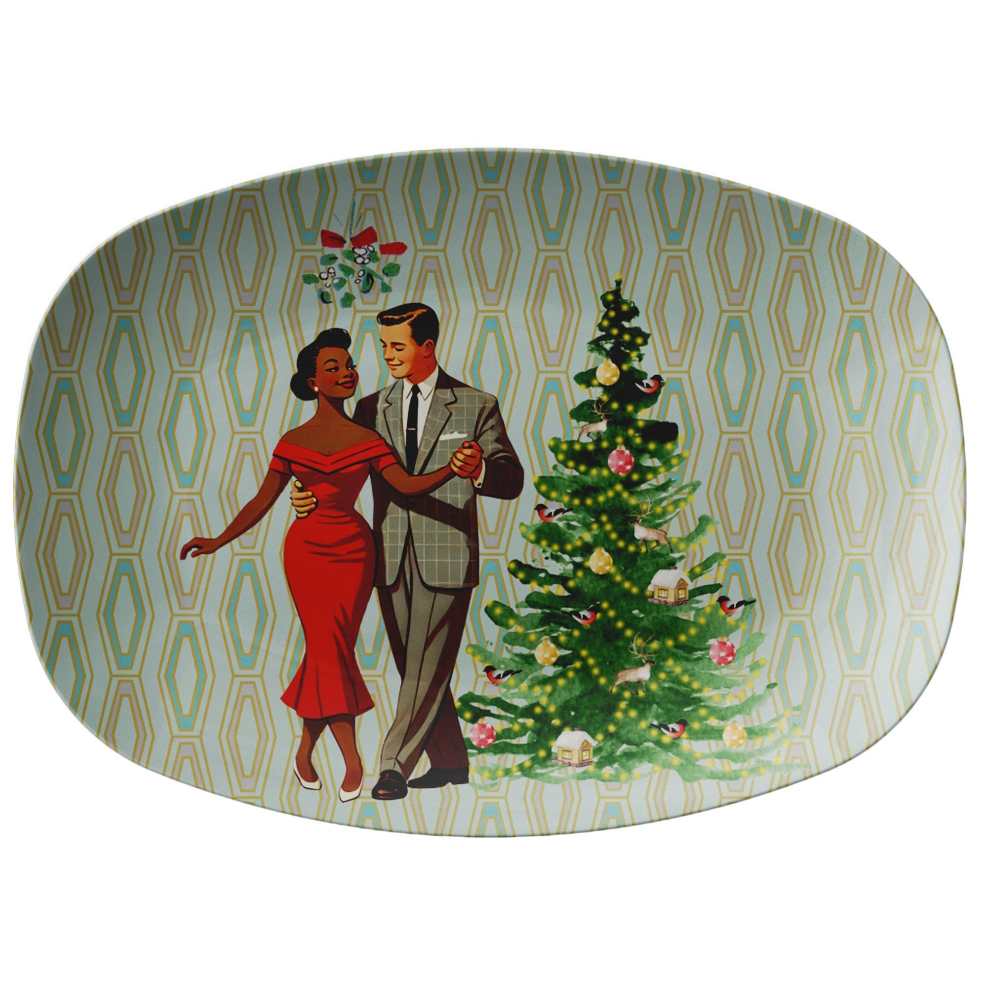 Kate McEnroe New York Mid Century Modern Mixed Race Couple Holiday Platter, Retro 50s Christmas Kitsch Tableware, Vintage Festive Serving TrayServing PlattersP23MXDRC5