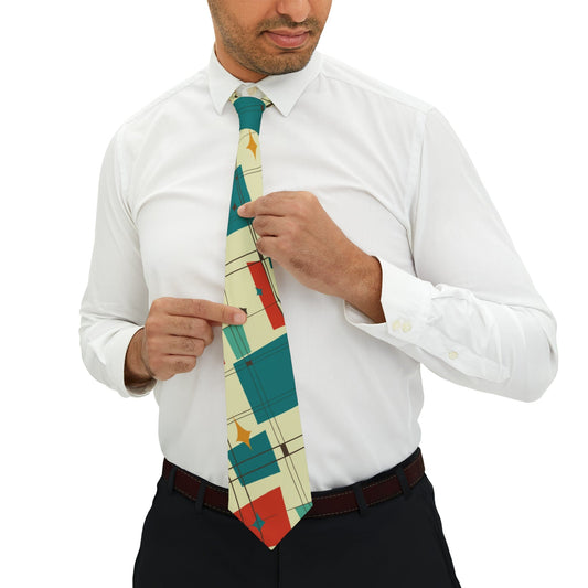 Printify Mid Century Modern Necktie, Cream Teal Red Abstract Art Print, Vintage-Inspired Designer Men's Tie Accessories One Size 20926106892795755316