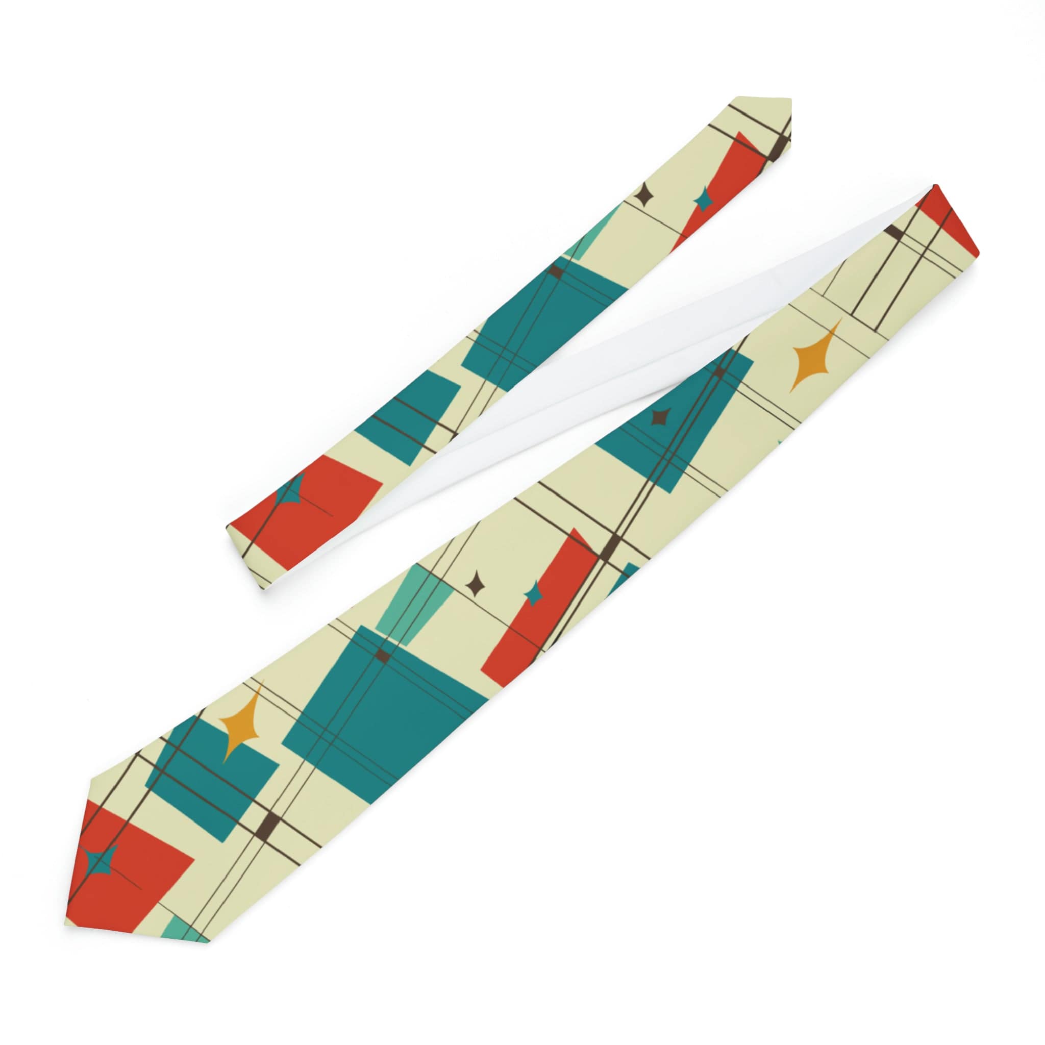 Kate McEnroe New York Mid Century Modern Necktie, Cream Teal Red Abstract Art Print, Vintage - Inspired Designer Men&