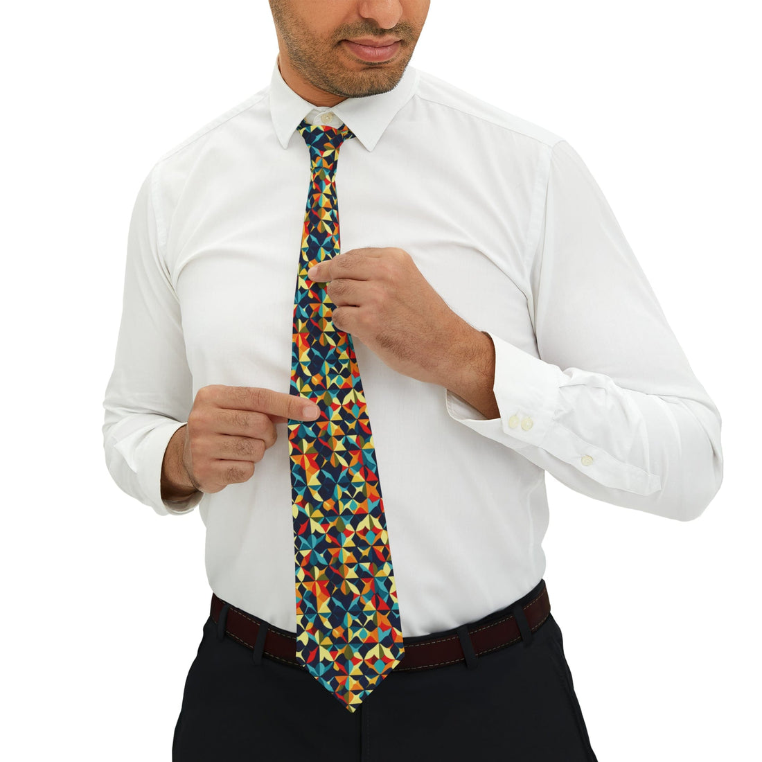 Printify Mid Century Modern Necktie, Retro Red, Blue &amp; Yellow Geometric Print, Vintage-Style Mens Fashion Tie Accessories One Size 53542251836670118586