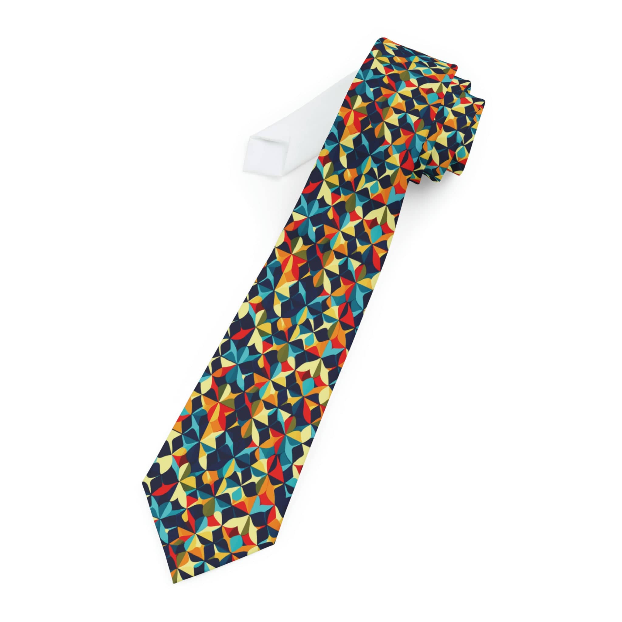 Printify Mid Century Modern Necktie, Retro Red, Blue &amp; Yellow Geometric Print, Vintage-Style Mens Fashion Tie Accessories One Size 53542251836670118586