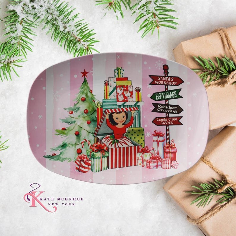 Kate McEnroe New York Mid Century Modern North Pole Christmas Platter, Retro Pink Vintage Kitsch Holiday Party ServewareServing PlattersPNP - PLT