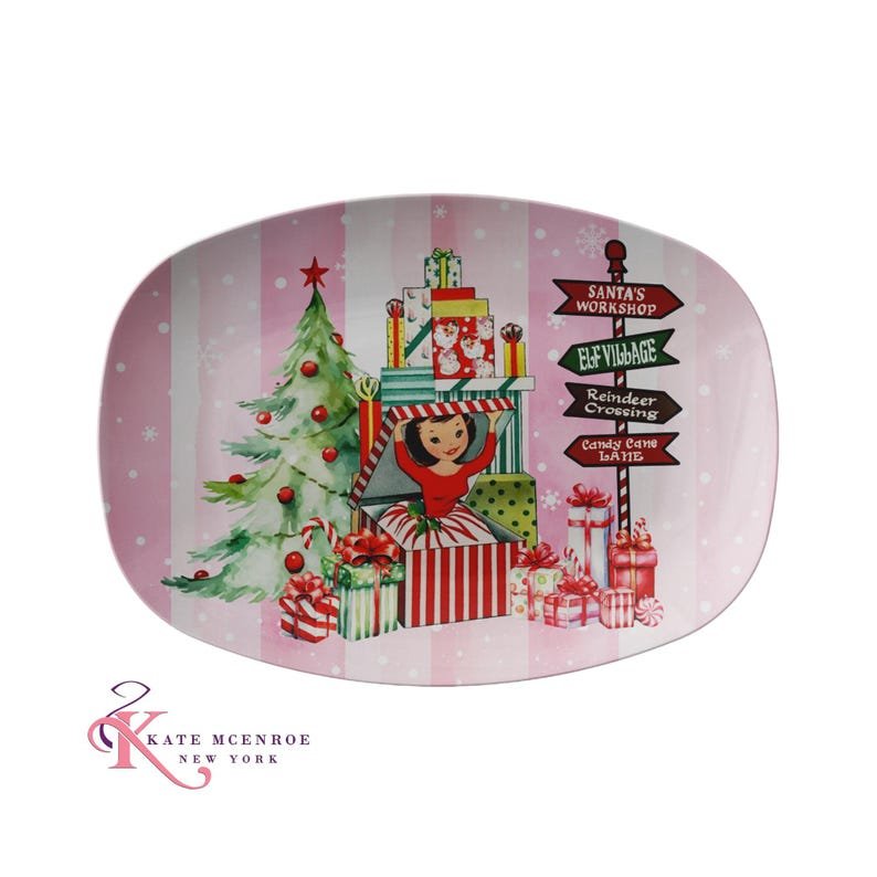Kate McEnroe New York Mid Century Modern North Pole Christmas Platter, Retro Pink Vintage Kitsch Holiday Party ServewareServing PlattersPNP - PLT