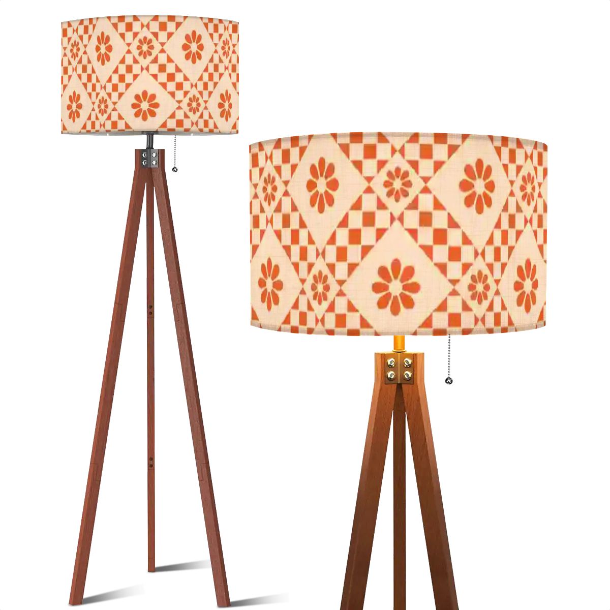 Kate McEnroe New York Mid Century Modern Orange Cream Checkered Tripod Floor Lamp, Retro 70s Drum ShadeTripod Floor LampsSm6tIqtYNE