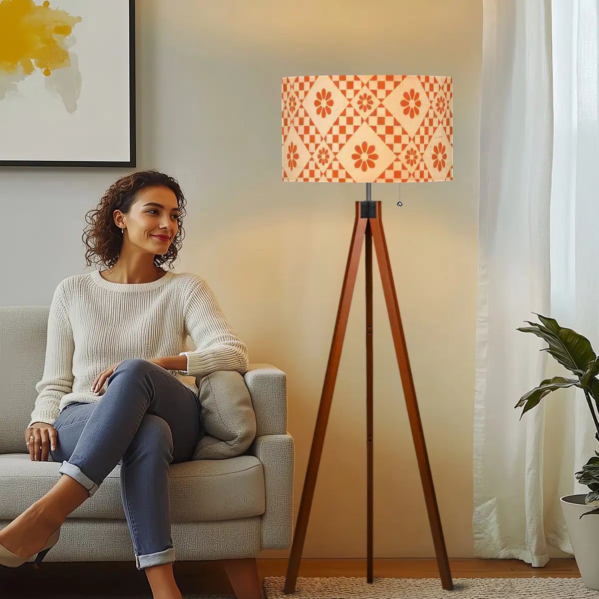 Kate McEnroe New York Mid Century Modern Orange Cream Checkered Tripod Floor Lamp, Retro 70s Drum ShadeTripod Floor LampsSm6tIqtYNE
