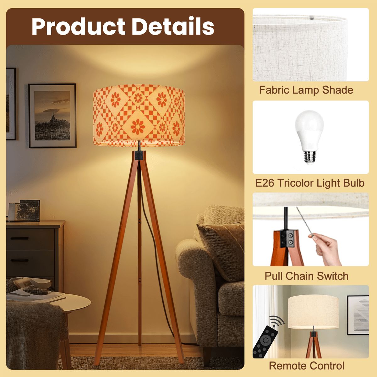 Kate McEnroe New York Mid Century Modern Orange Cream Checkered Tripod Floor Lamp, Retro 70s Drum ShadeTripod Floor LampsSm6tIqtYNE