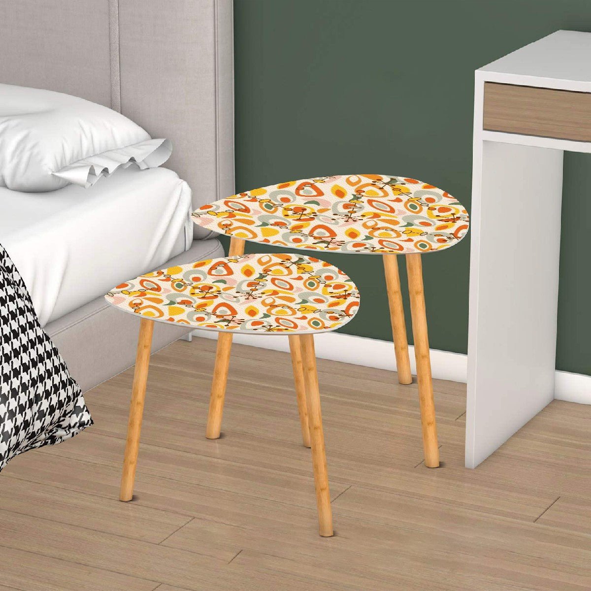 Kate McEnroe New York Mid Century Modern Orange Yellow Nesting Tables, Retro Boomerang Starburst Accent Furniture SetNesting TablesWoXzAZyHiY