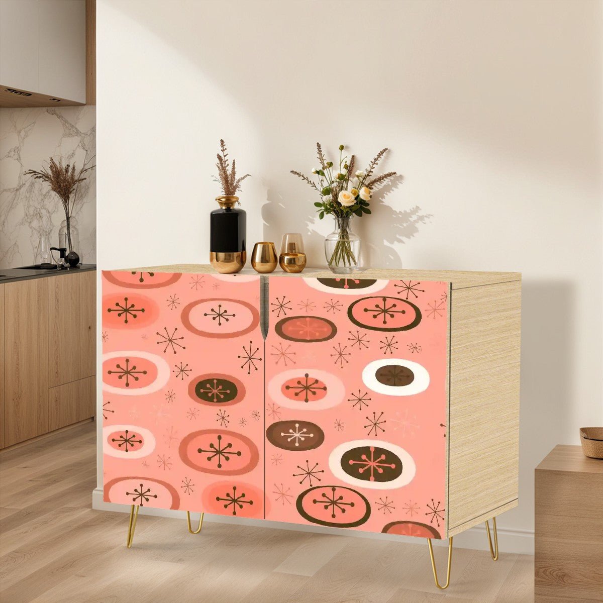 Mid Century Modern Orb Starburst Sideboard, Retro Atomic Peachy Pink Storage Cabinet