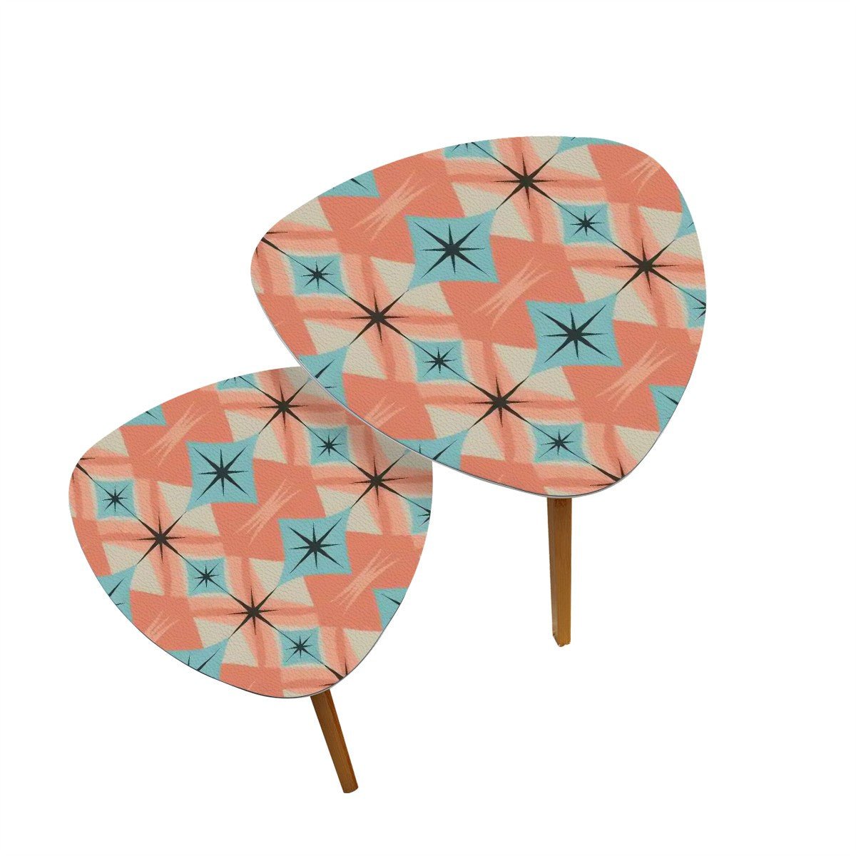 Kate McEnroe New York Mid Century Modern Peach Aqua Starburst Nesting Tables, Retro Geometric Coffee Tables, Atomic 50s Living Room Accent SetNesting TablesE5TXMmPPUt