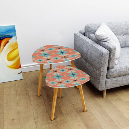 Kate McEnroe New York Mid Century Modern Peach Aqua Starburst Nesting Tables, Retro Geometric Coffee Tables, Atomic 50s Living Room Accent SetNesting TablesE5TXMmPPUt