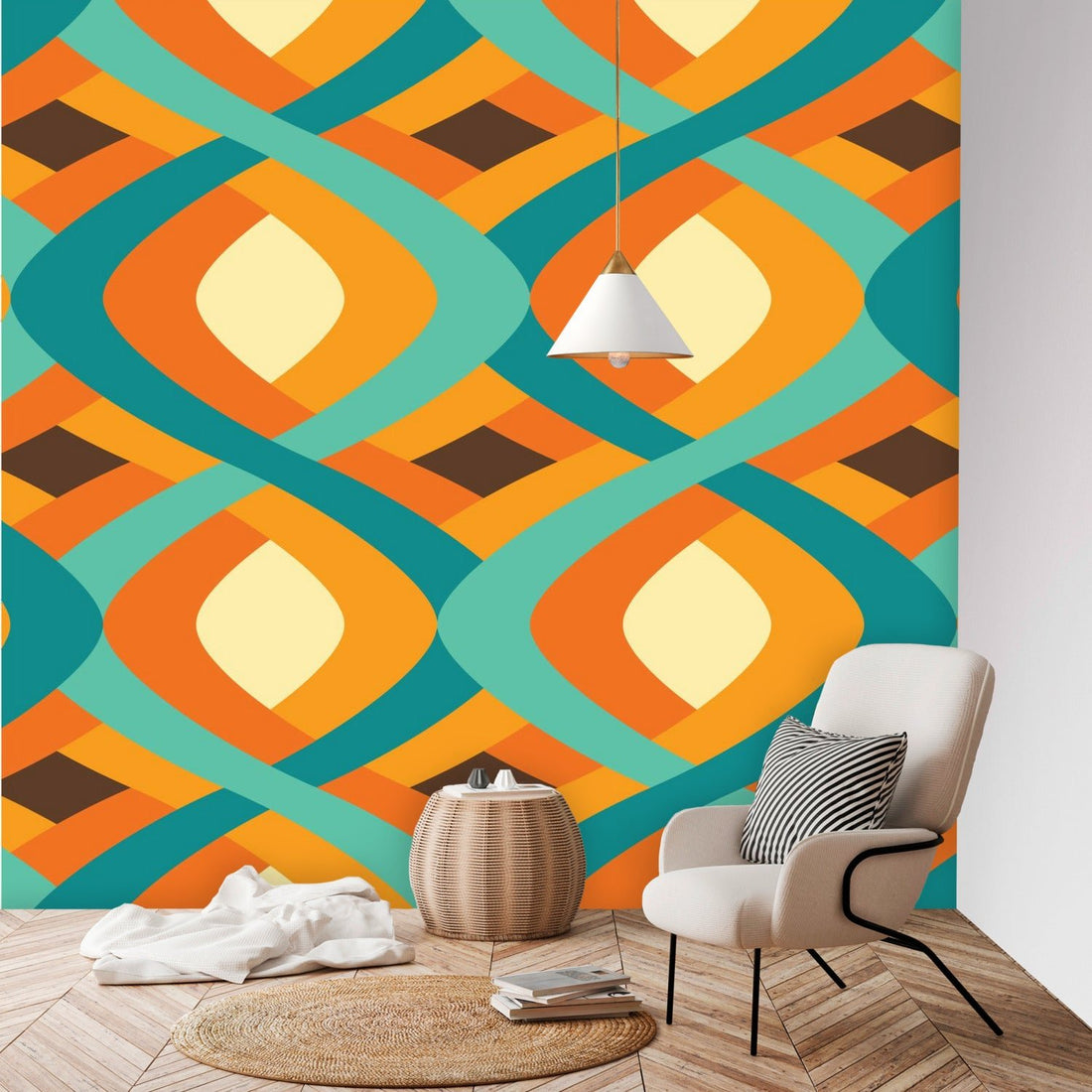 Kate McEnroe New York Mid Century Modern Peel and Stick Wall Mural, Retro Teal Orange Geometric Wallpaper, 60s Mod Wall DecorWall Mural127849