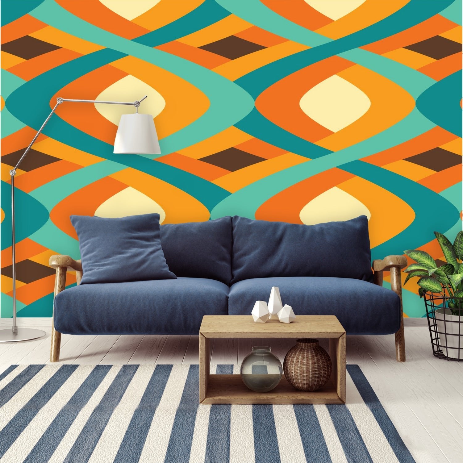 Kate McEnroe New York Mid Century Modern Peel and Stick Wall Mural, Retro Teal Orange Geometric Wallpaper, 60s Mod Wall DecorWall Mural127850