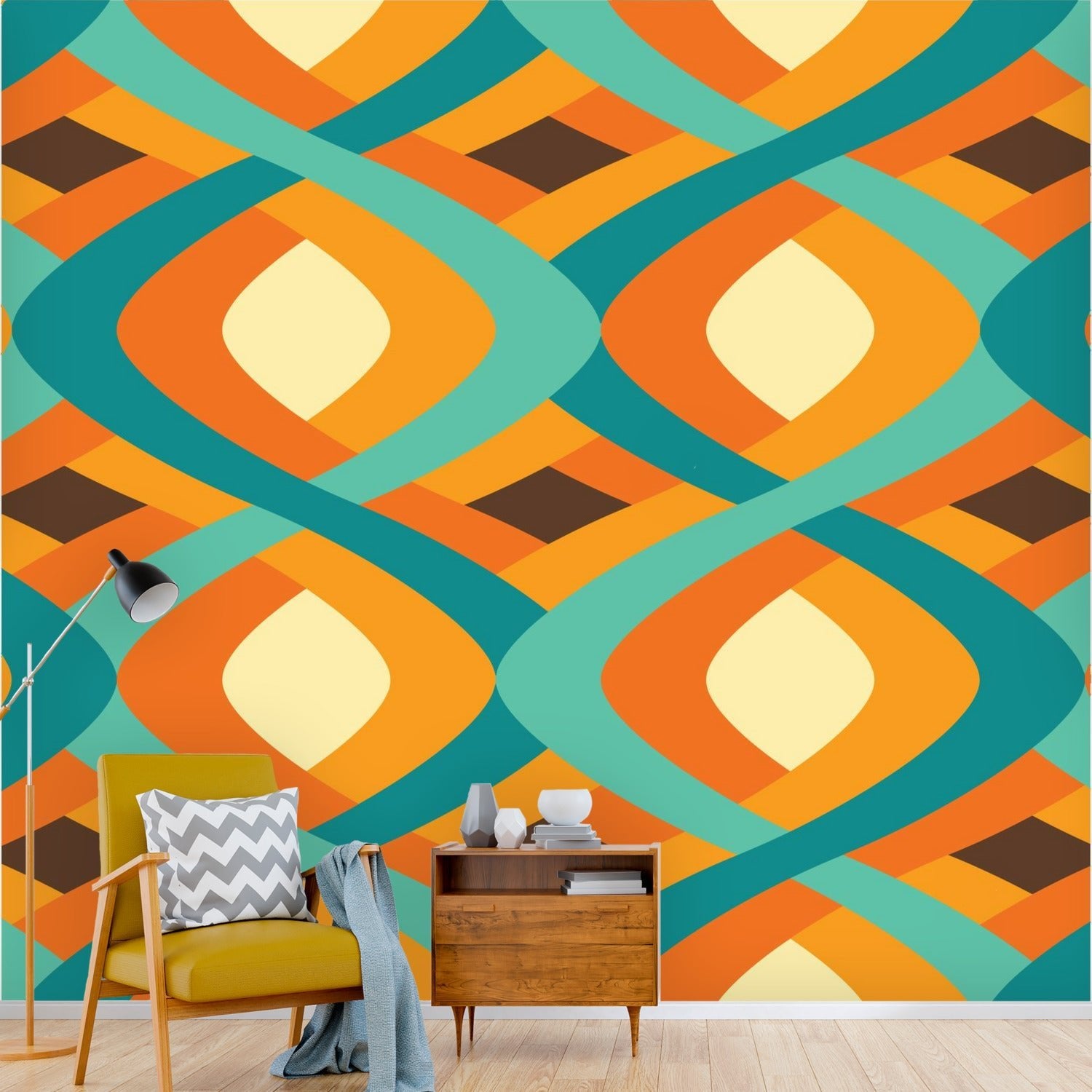 Kate McEnroe New York Mid Century Modern Peel and Stick Wall Mural, Retro Teal Orange Geometric Wallpaper, 60s Mod Wall DecorWall Mural127851