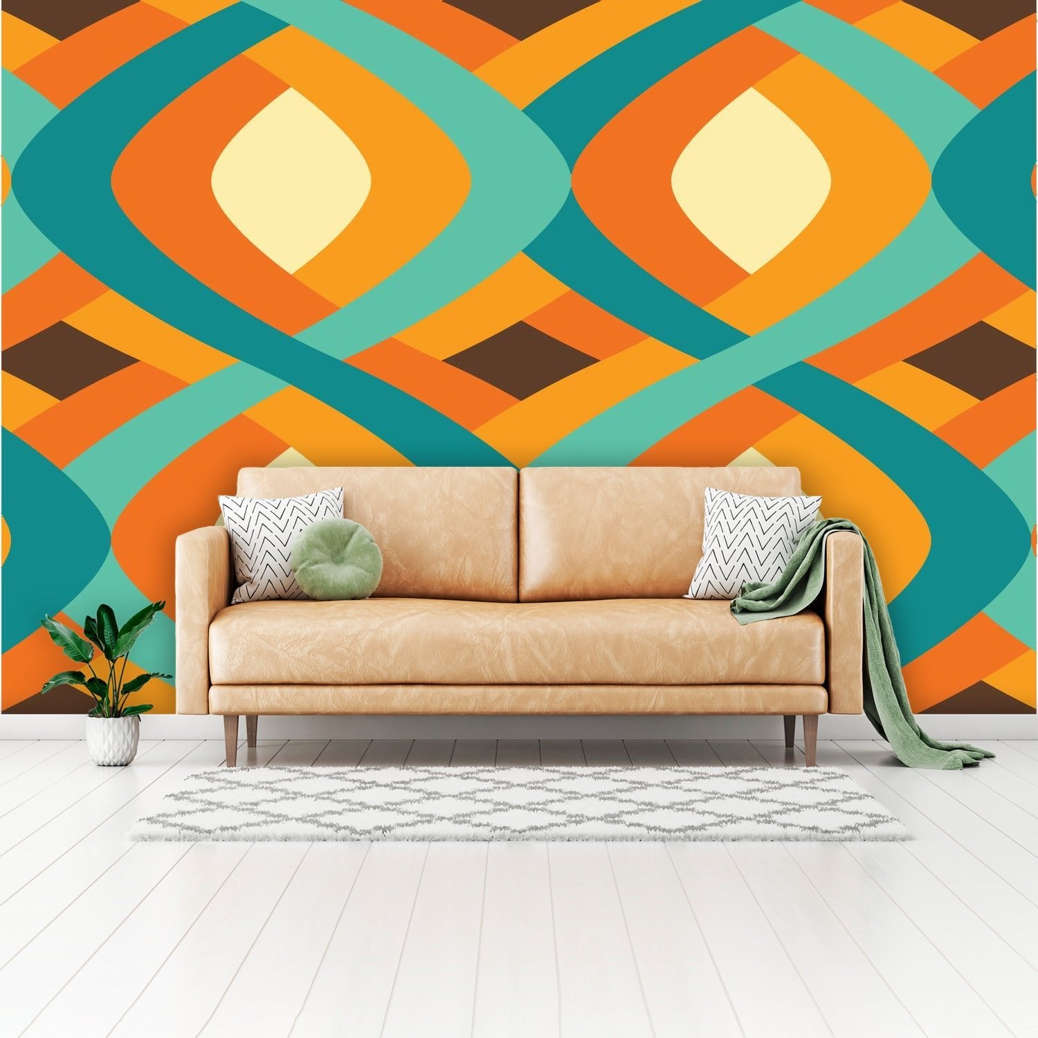 Kate McEnroe New York Mid Century Modern Peel and Stick Wall Mural, Retro Teal Orange Geometric Wallpaper, 60s Mod Wall DecorWall Mural127852