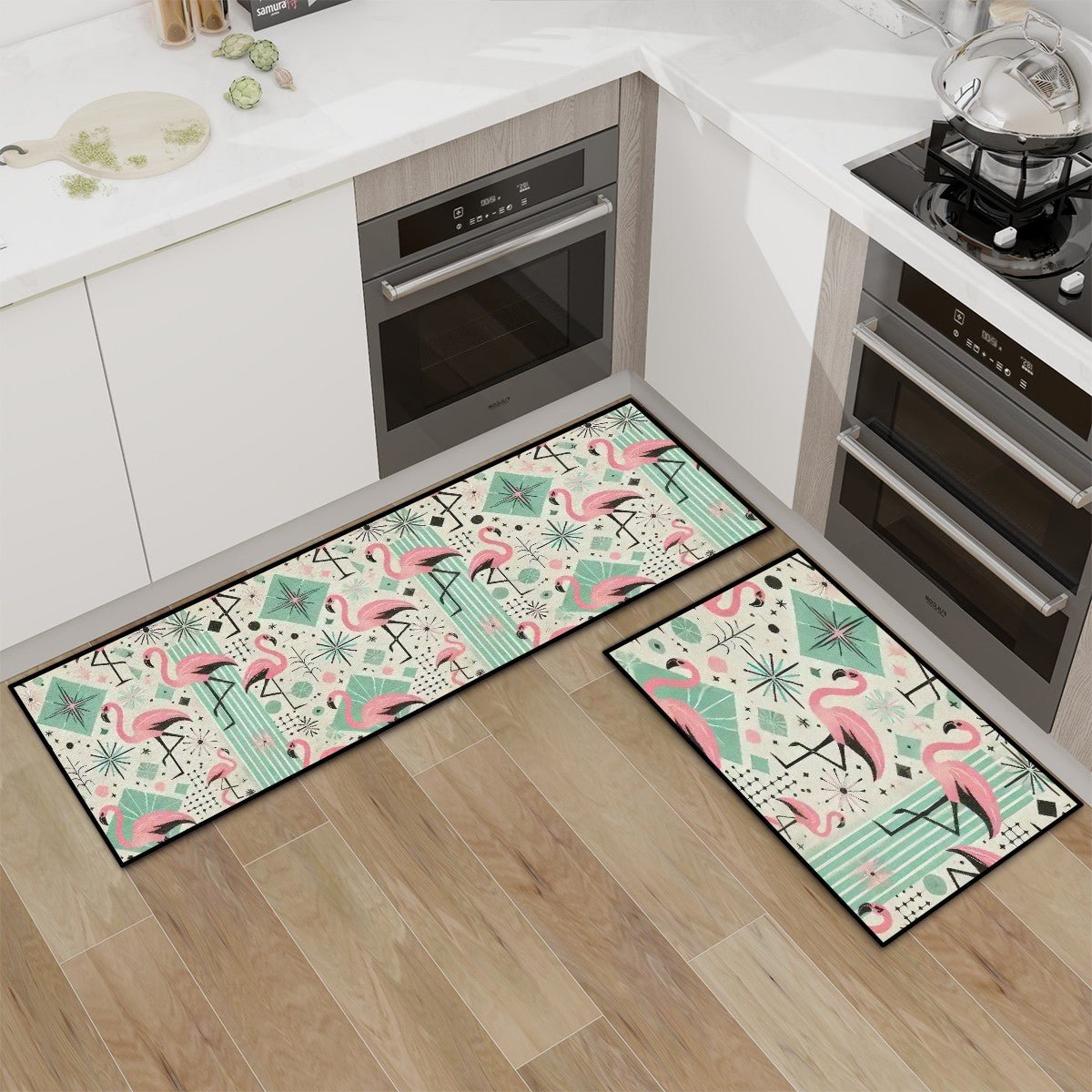 Kate McEnroe New York Mid Century Modern Pink Flamingo Palm Springs Style Kitchen Mat SetKitchen Floor Mats5ffXl1pDxn