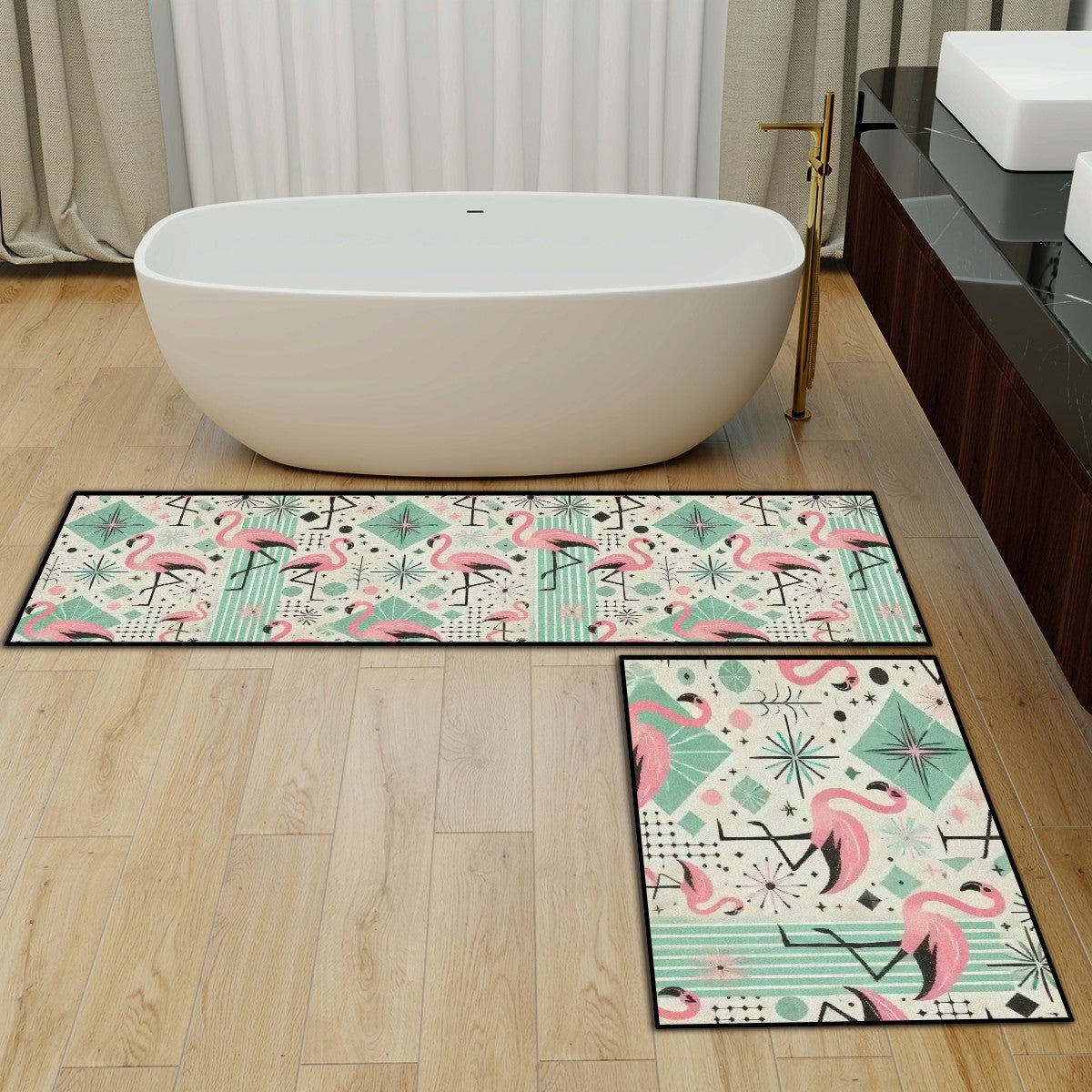Kate McEnroe New York Mid Century Modern Pink Flamingo Palm Springs Style Kitchen Mat SetKitchen Floor Mats5ffXl1pDxn