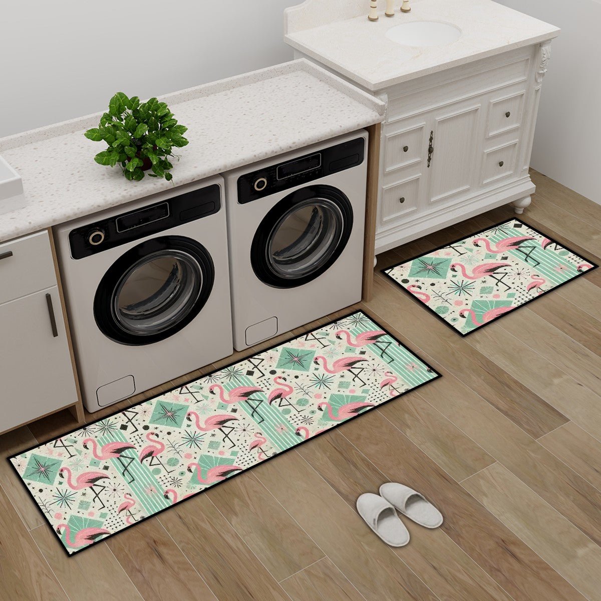 Kate McEnroe New York Mid Century Modern Pink Flamingo Palm Springs Style Kitchen Mat SetKitchen Floor Mats5ffXl1pDxn