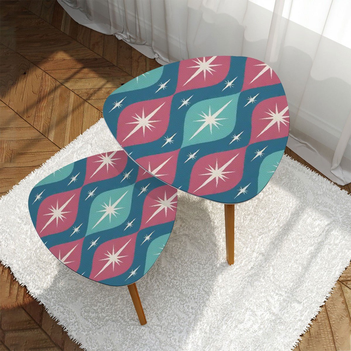 Kate McEnroe New York Mid Century Modern Pink, Teal Starburst Nesting Tables, Retro Geometric Accent, 50s Atomic MCM Furniture SetNesting TablesFJ702VKy87