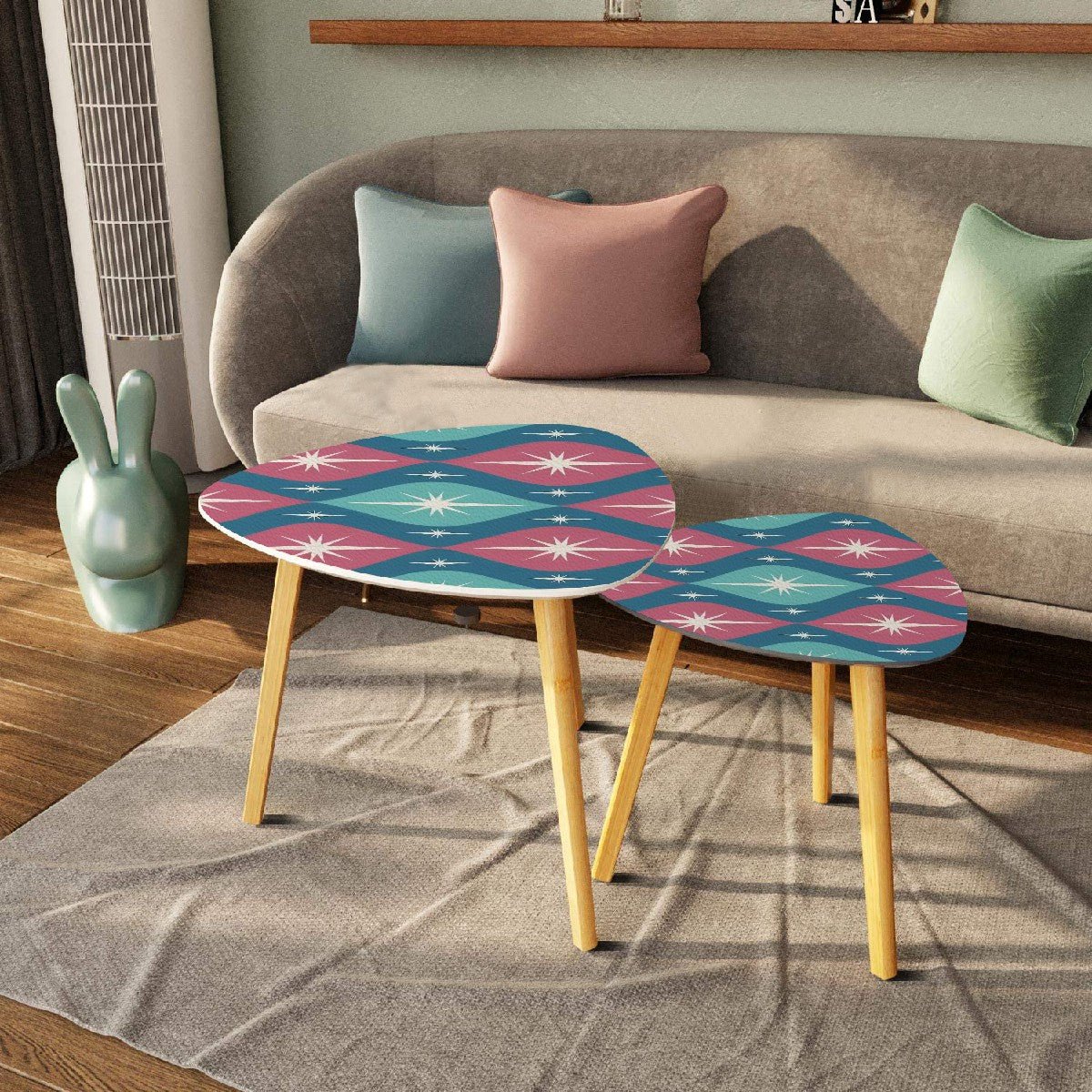 Kate McEnroe New York Mid Century Modern Pink, Teal Starburst Nesting Tables, Retro Geometric Accent, 50s Atomic MCM Furniture SetNesting TablesFJ702VKy87