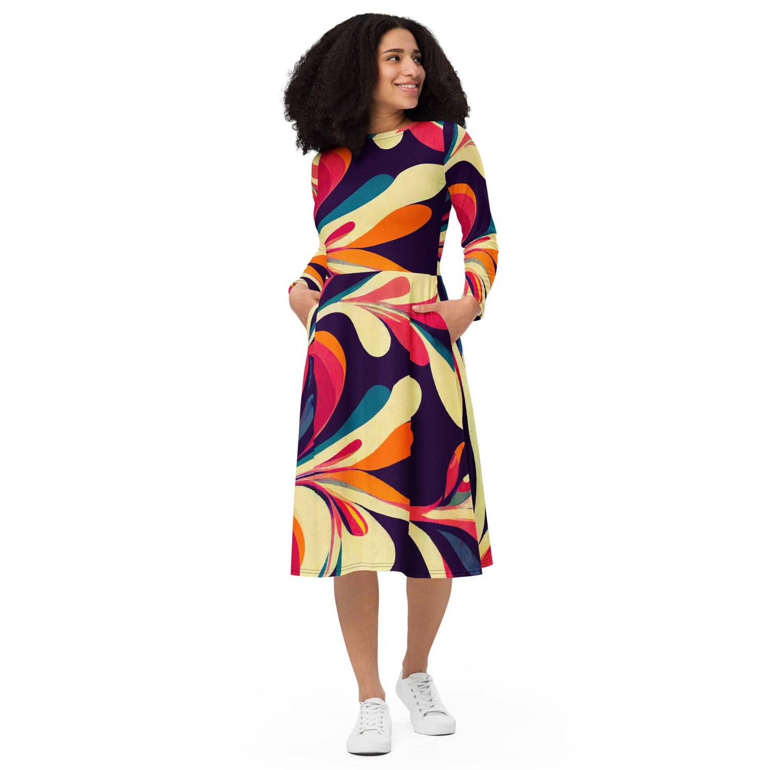 Mid Century Modern Psychedelic Retro Long Sleeve Midi Dress, Groovy 70s Boho Bohemian Style Floral Printed Dress - 132182823 Xs Mid Century Modern Psychedelic Retro Long Sleeve Midi Dress, Groovy 70s Boho Bohemian Style Floral Printed Dress - 132182823 Xs