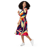 Kate McEnroe New York Mid Century Modern Psychedelic Retro Long Sleeve Midi Dress, Groovy 70s Boho Bohemian Style Floral Printed Dress - 132182823Dresses2463040_15103