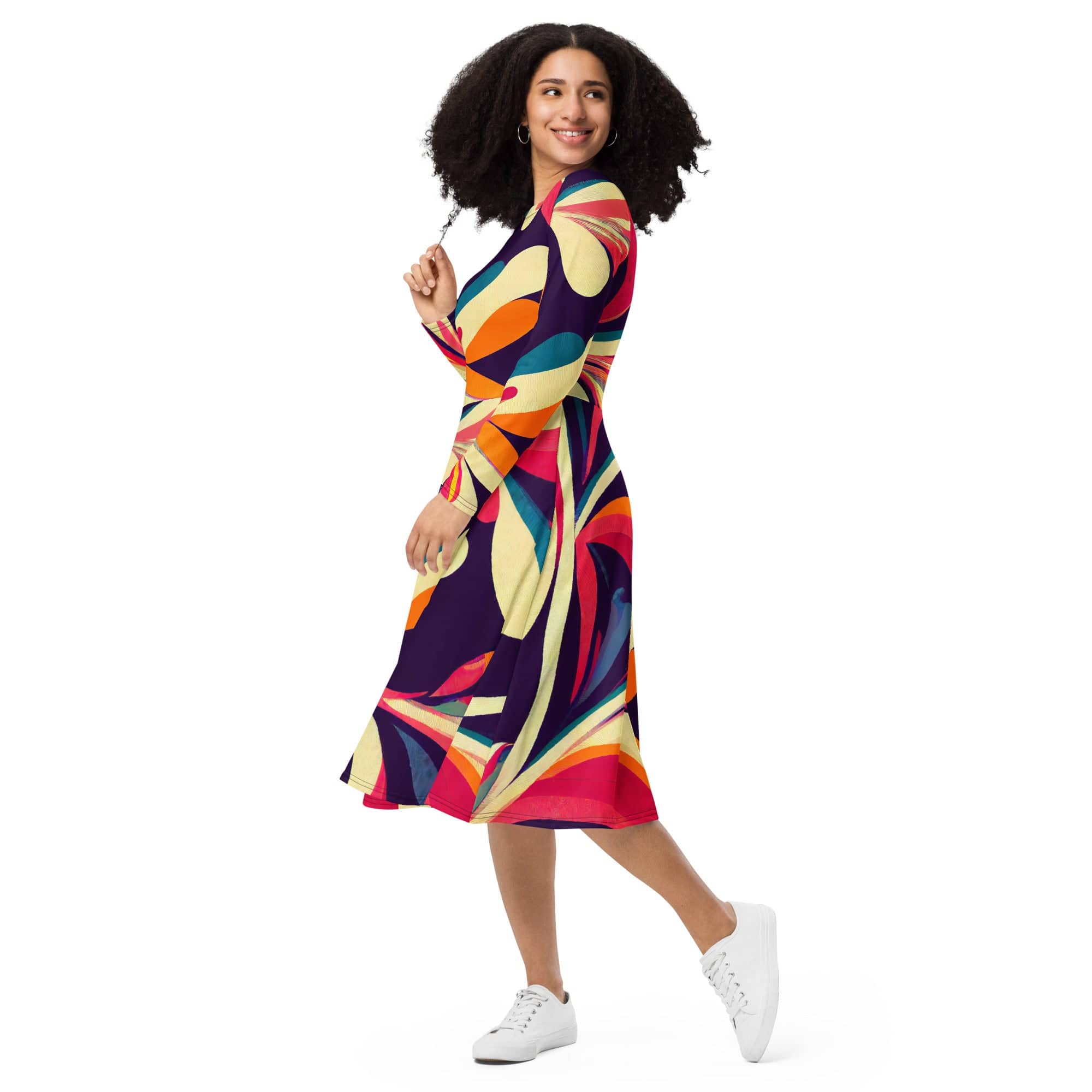 Kate McEnroe New York Mid Century Modern Psychedelic Retro Long Sleeve Midi Dress, Groovy 70s Boho Bohemian Style Floral Printed Dress - 132182823Dresses2463040_15103
