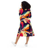 Kate McEnroe New York Mid Century Modern Psychedelic Retro Long Sleeve Midi Dress, Groovy 70s Boho Bohemian Style Floral Printed Dress - 132182823Dresses2463040_15103