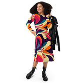 Kate McEnroe New York Mid Century Modern Psychedelic Retro Long Sleeve Midi Dress, Groovy 70s Boho Bohemian Style Floral Printed Dress - 132182823Dresses2463040_15103