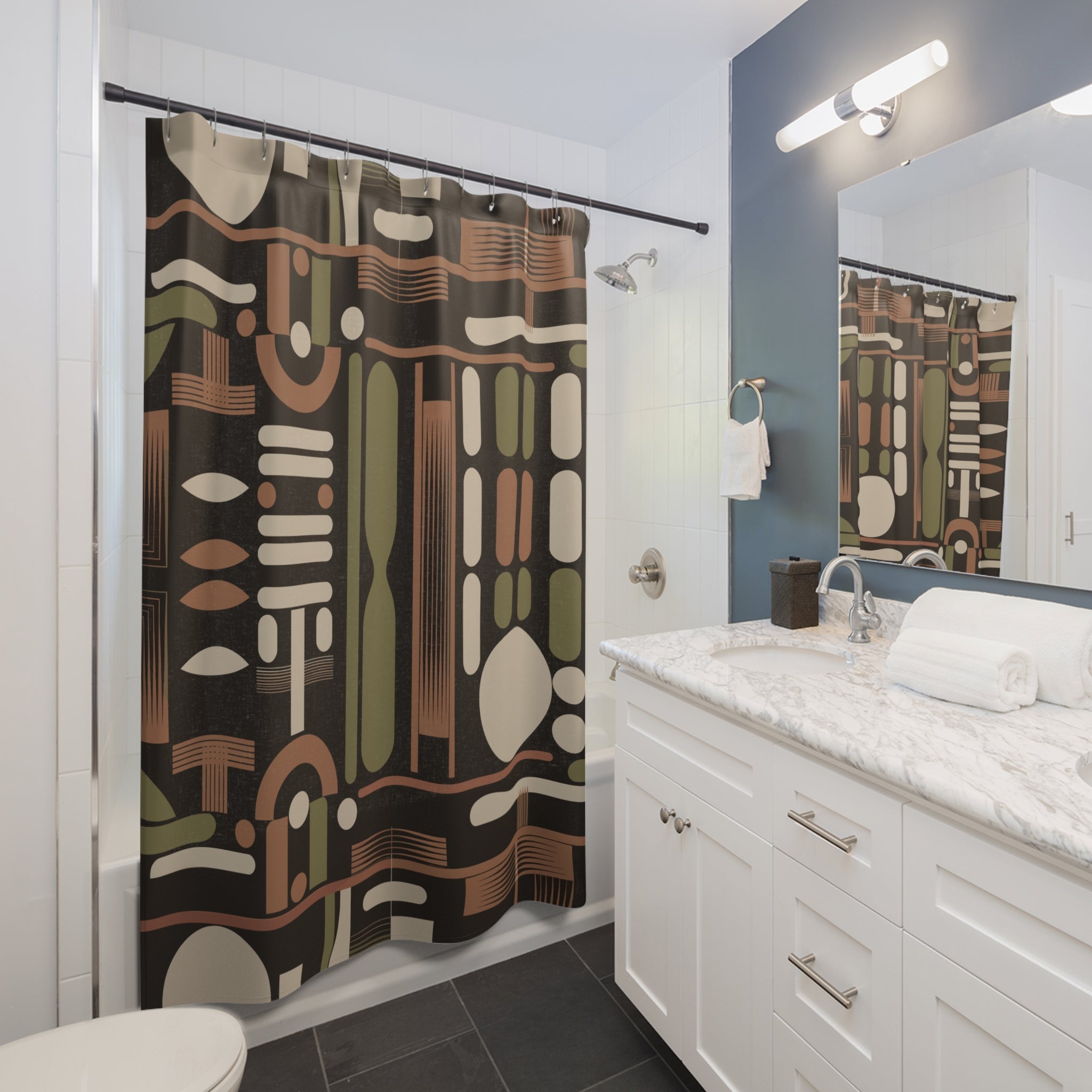 Kate McEnroe New York Mid Century Modern Retro 50s Abstract Geometric Black Olive Rust Shower CurtainShower Curtains12291971046701020100
