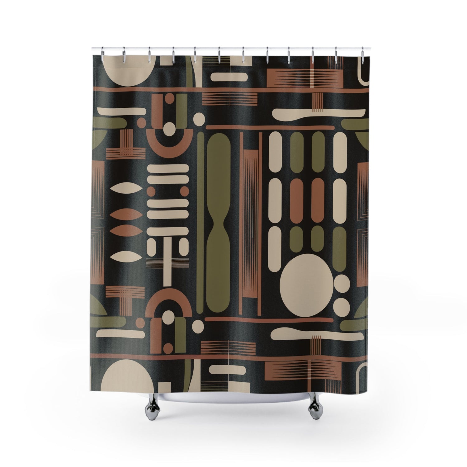 Kate McEnroe New York Mid Century Modern Retro 50s Abstract Geometric Black Olive Rust Shower CurtainShower Curtains12291971046701020100