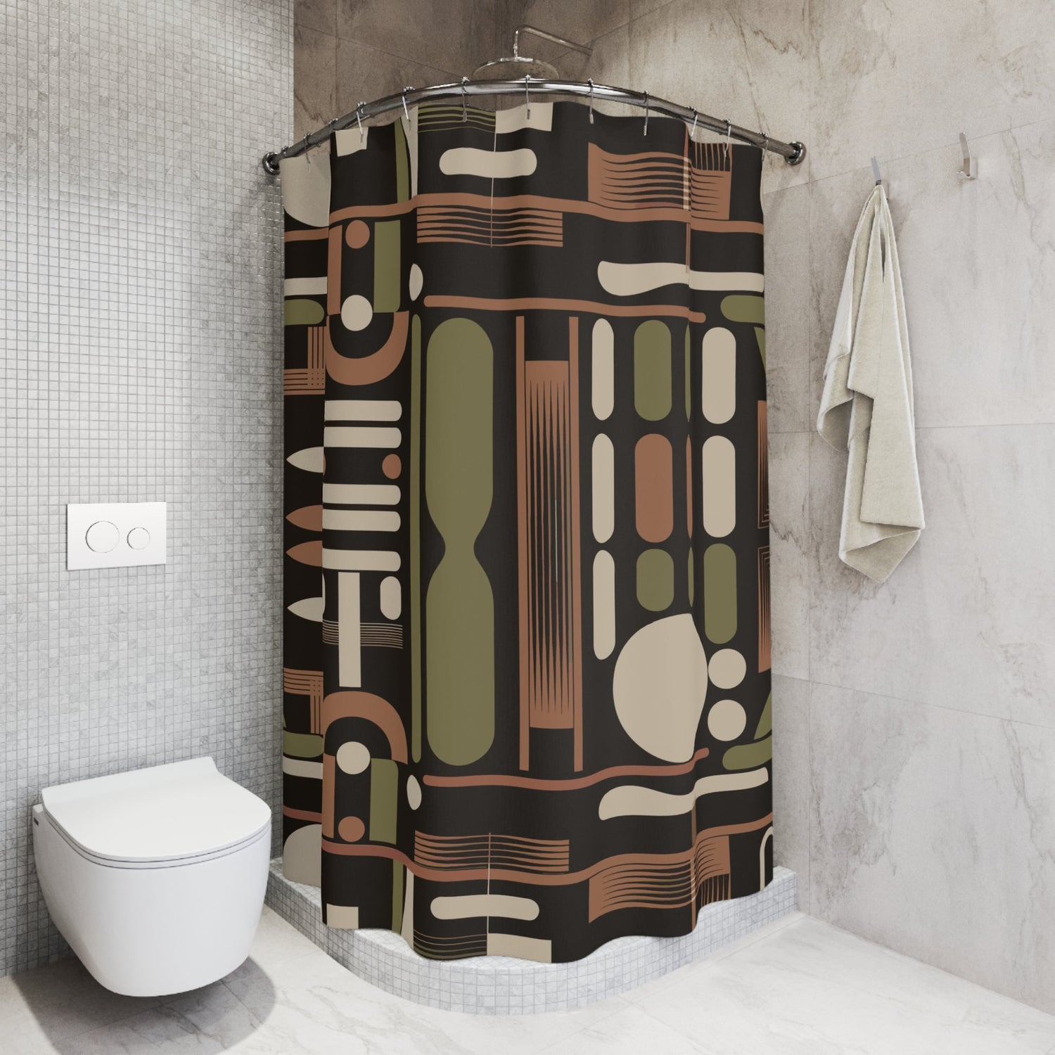 Kate McEnroe New York Mid Century Modern Retro 50s Abstract Geometric Black Olive Rust Shower CurtainShower Curtains12291971046701020100