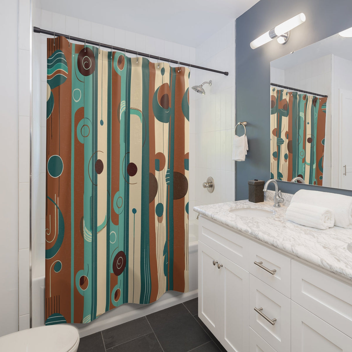 Kate McEnroe New York Mid Century Modern Retro 50s Geometric Orbs Shower CurtainShower Curtains10943647272440530870