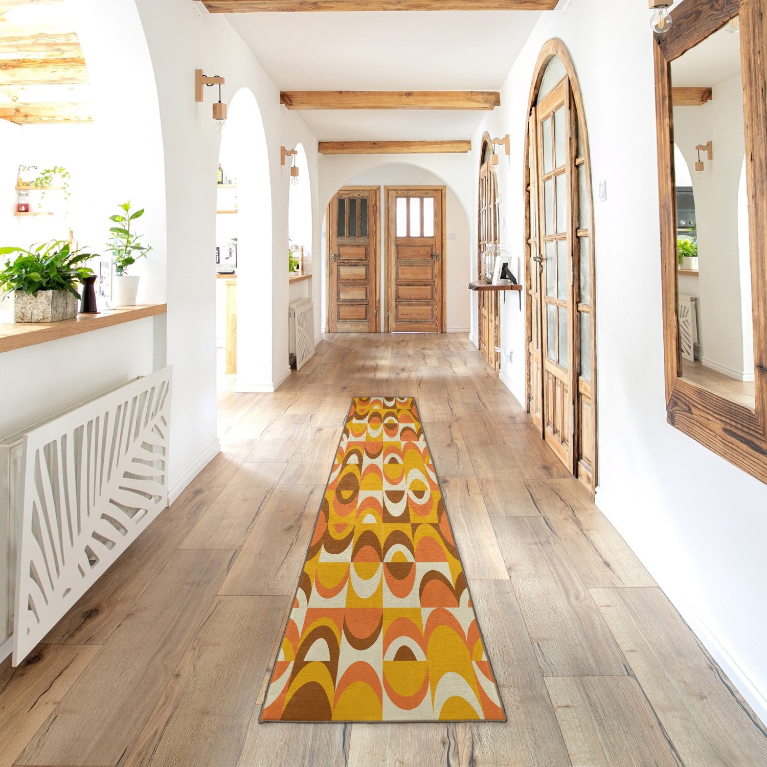 Kate McEnroe New York Mid Century Modern Retro 70s Geometric Orange, Brown Mustard Yellow Area RugRugs