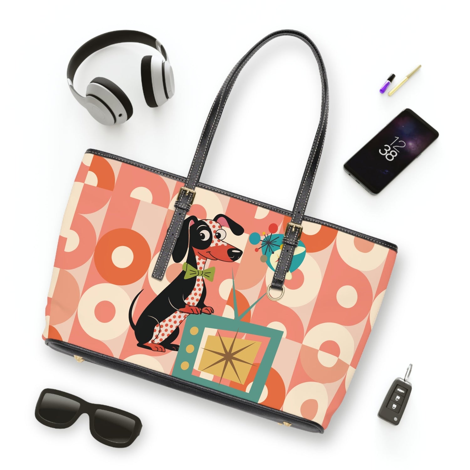 Kate McEnroe New York Mid Century Modern Retro Atomic Dachshund Tote, MCM Dog Lover Handbag, 50s Kitsch Mod TV PurseTotes26138250219511494186