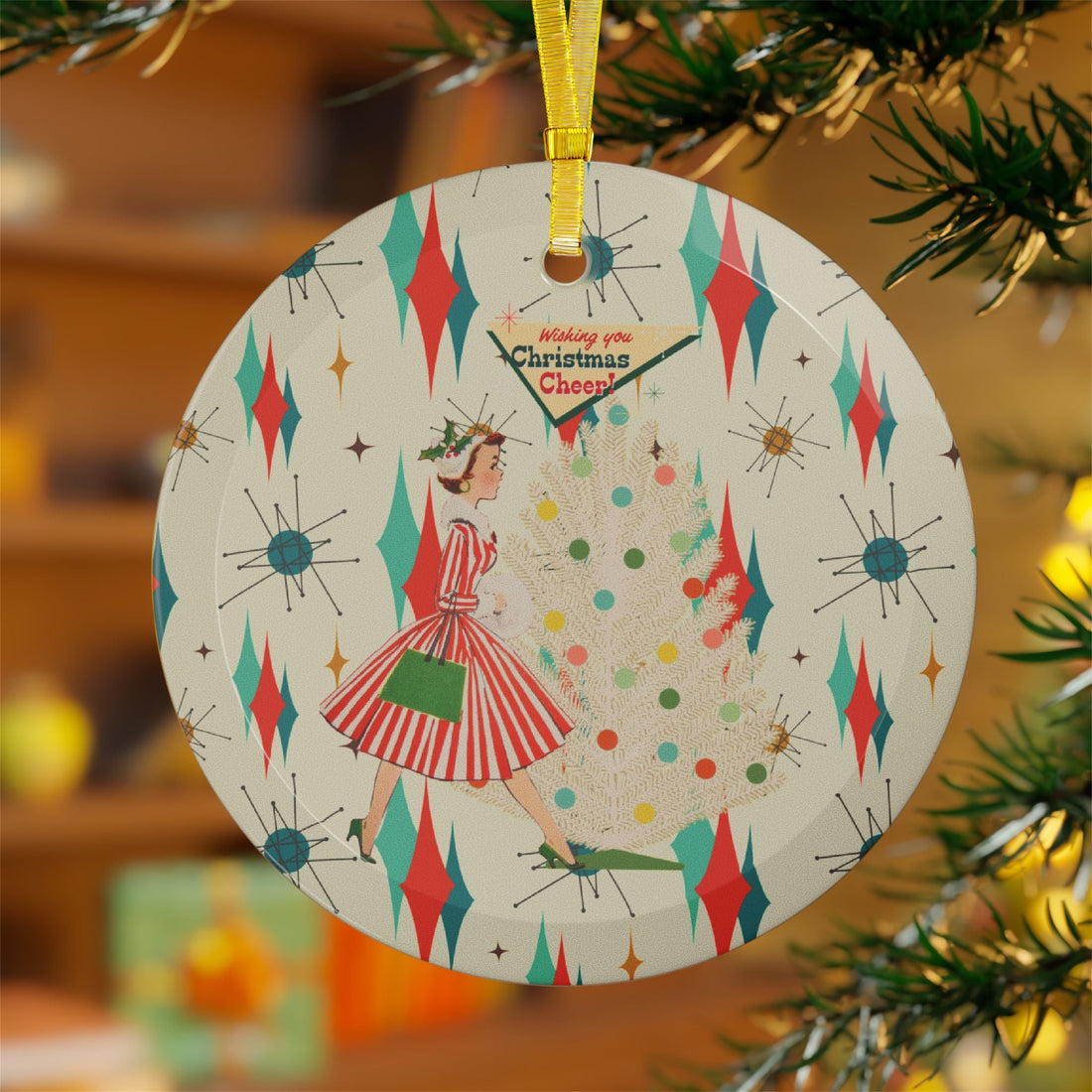 Kate McEnroe New York Mid Century Modern Retro Christmas Cheer Ornament, Vintage 50s Kitsch Holiday DecorOrnaments56866029424915686392