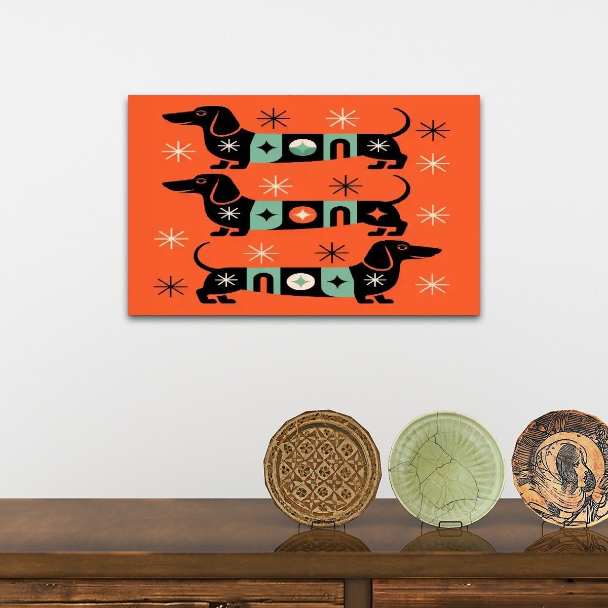 Kate McEnroe New York Mid Century Modern Retro Dachshund Canvas Wall Art, 50s Kitsch Doxie Dog MCM DecorCanvas Wall ArtC1fr5t96E2