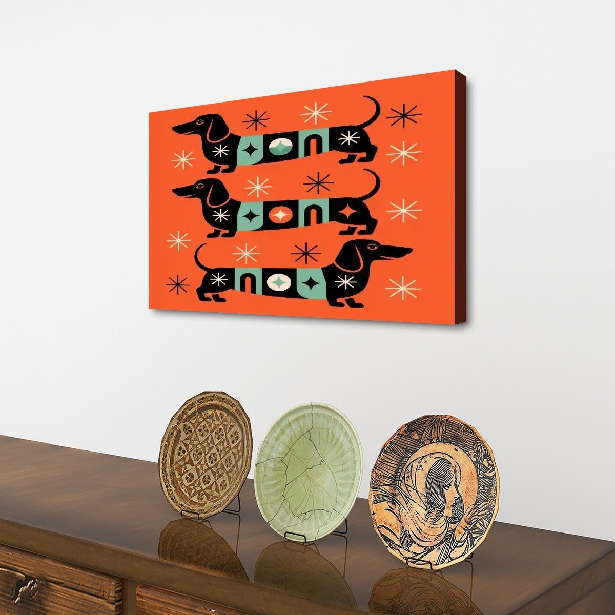 Kate McEnroe New York Mid Century Modern Retro Dachshund Canvas Wall Art, 50s Kitsch Doxie Dog MCM DecorCanvas Wall ArtC1fr5t96E2