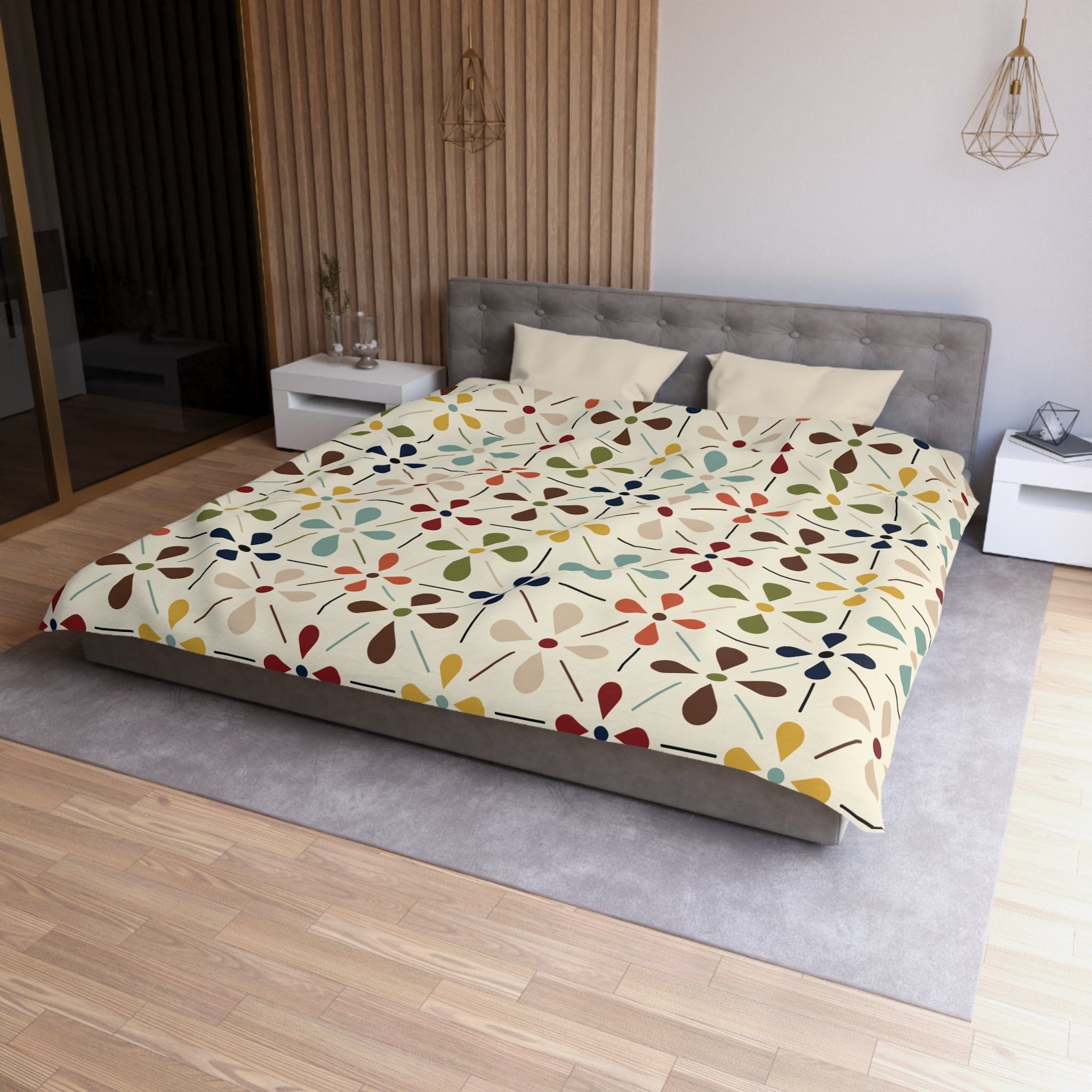 Kate McEnroe New York Mid Century Modern Retro Floral Duvet Cover, Minimalist MCM Aqua Blue, Olive, Mustard, Wine BeddingDuvet Covers77645292283302777400
