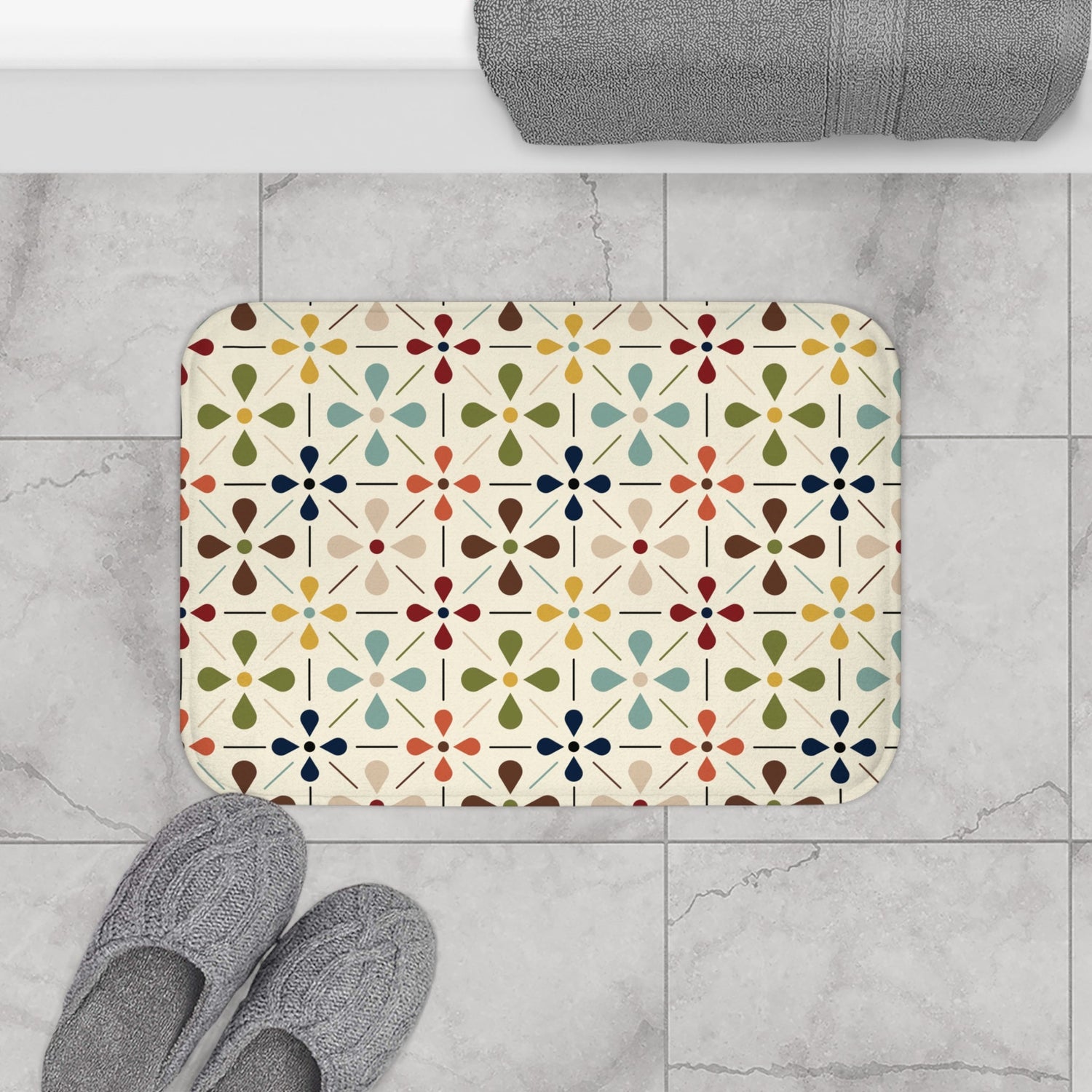 Kate McEnroe New York Mid Century Modern Retro Geometric Bath Mat, 50s MCM Cream Teal Mustard Rust Bathroom AccentBath Mats32714403439525925778