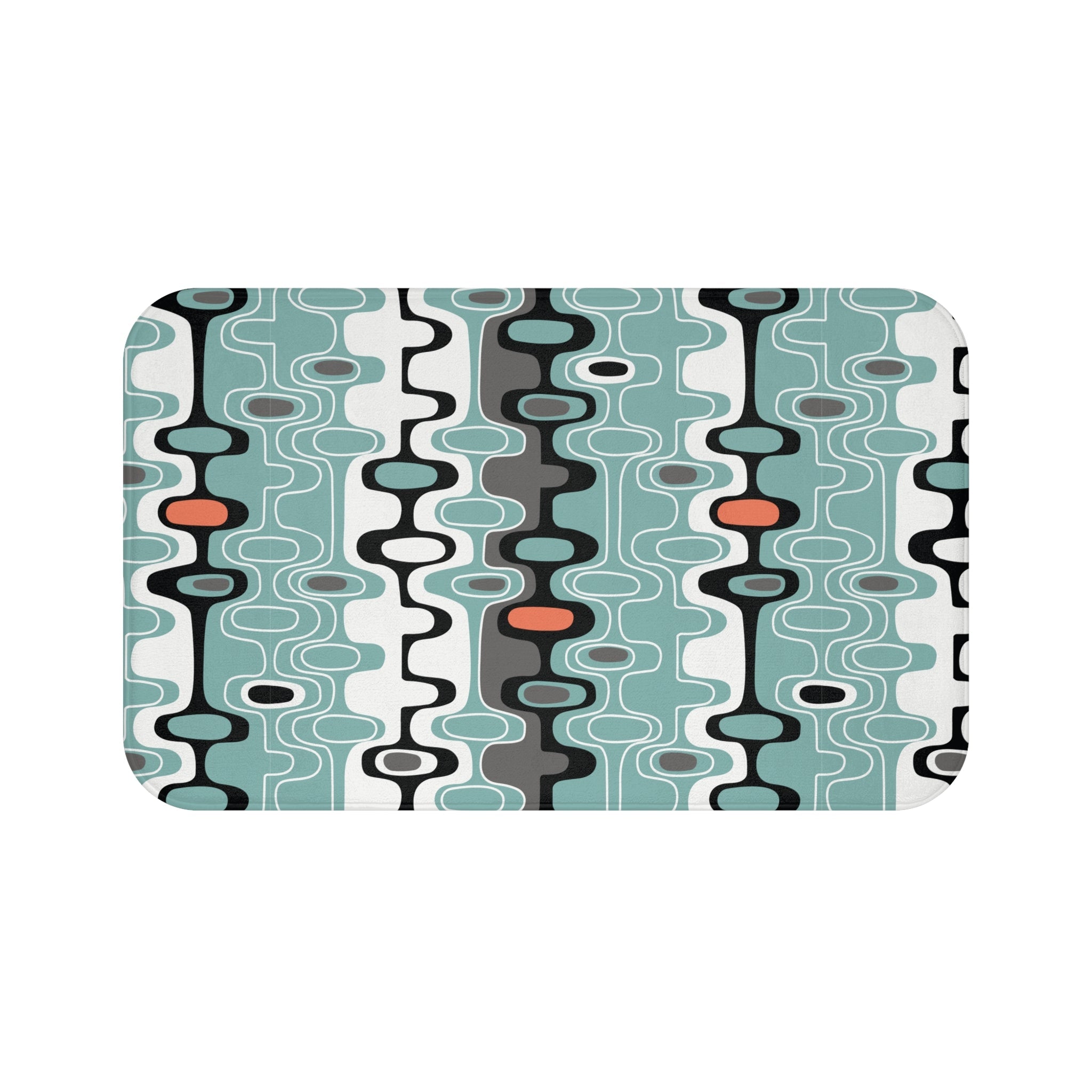 Kate McEnroe New York Mid Century Modern Retro Geometric Bath Mat, MCM Abstract Oval Bathroom Rug, Aqua Orange Gray Accent MatBath Mats17039338703379573039