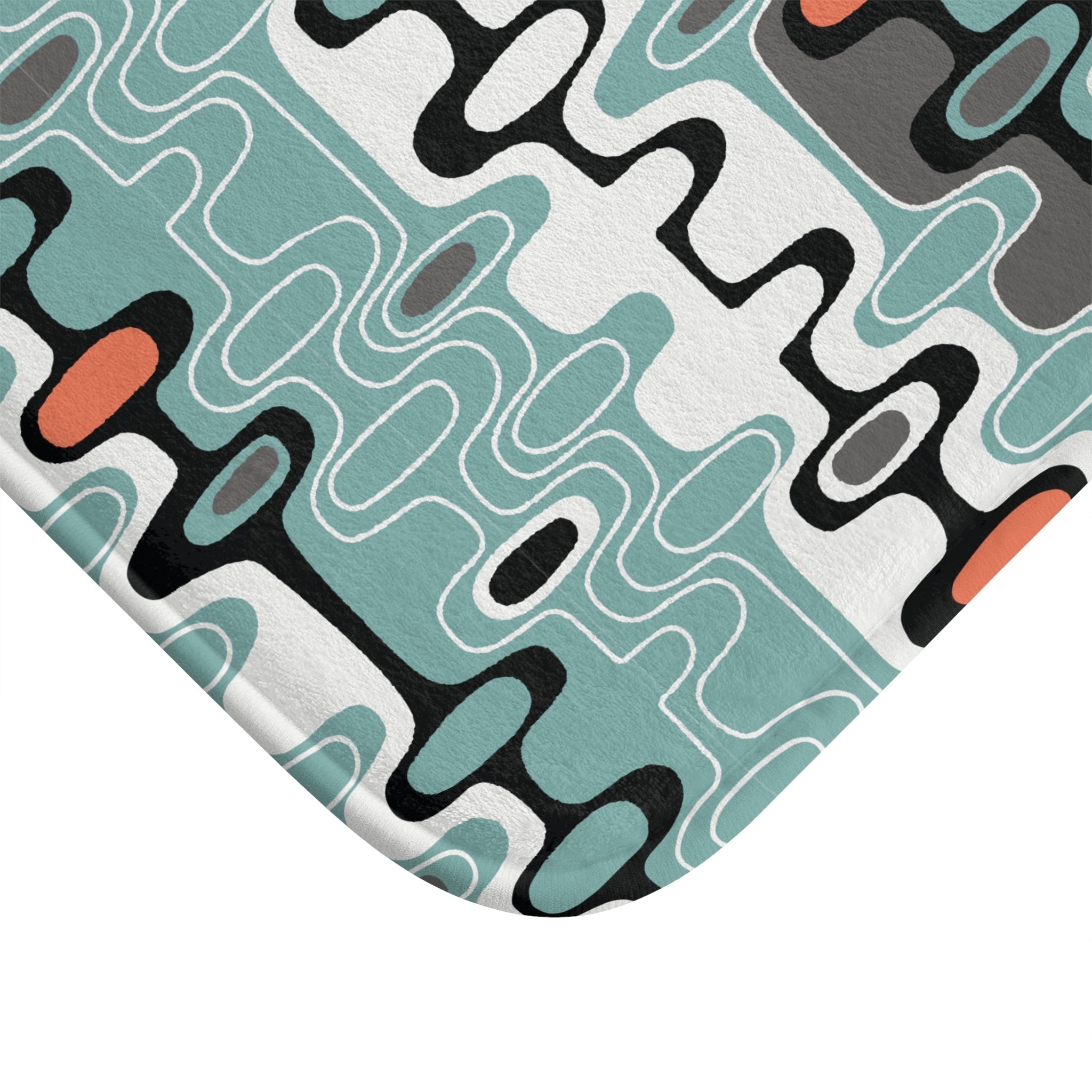 Kate McEnroe New York Mid Century Modern Retro Geometric Bath Mat, MCM Abstract Oval Bathroom Rug, Aqua Orange Gray Accent MatBath Mats17039338703379573039